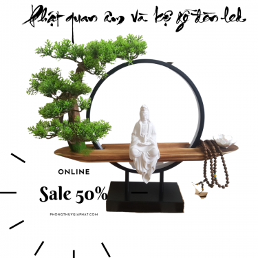 Tượng Phật Quan Âm và Kệ Cây Đèn Led Nguyệt Mộc Trầm| Phong thủy Gia Phát