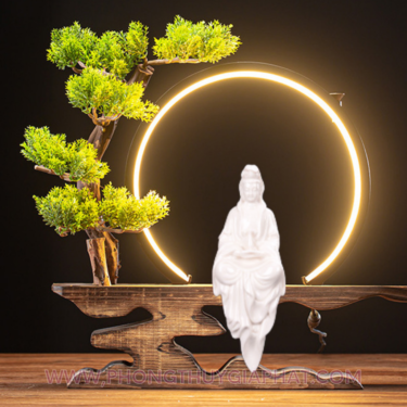Tượng Phật Bà Quan Âm có vòng đèn LED sáng